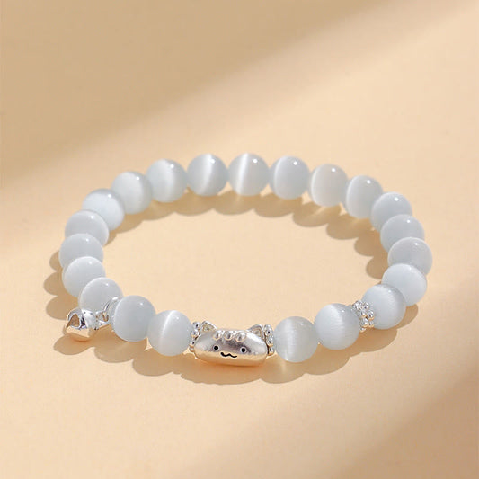 Buddha Stones 999 Sterling Silver Natural Cat Head White Cat's Eye White Agate Positive Bracelet