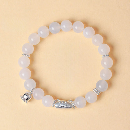 Buddha Stones 999 Sterling Silver Natural Cat Head White Cat's Eye White Agate Positive Bracelet