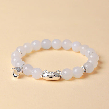 Buddha Stones 999 Sterling Silver Natural Cat Head White Cat's Eye White Agate Positive Bracelet