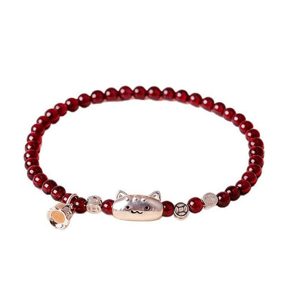 Buddha Stones 999 Sterling Silver Natural Cute Cat Head Garnet Protection Bead Bracelet