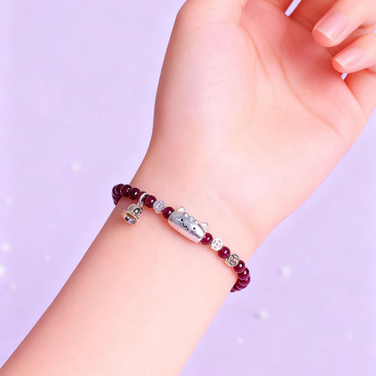 Buddha Stones 999 Sterling Silver Natural Cute Cat Head Garnet Protection Bead Bracelet
