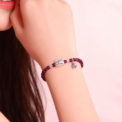 Buddha Stones 999 Sterling Silver Natural Cute Cat Head Garnet Protection Bead Bracelet