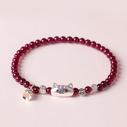 Buddha Stones 999 Sterling Silver Natural Cute Cat Head Garnet Protection Bead Bracelet