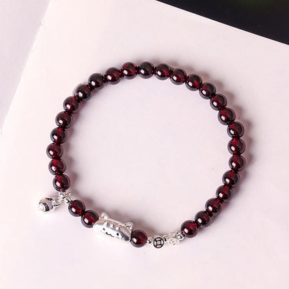 Buddha Stones 999 Sterling Silver Natural Cute Cat Head Garnet Protection Bead Bracelet