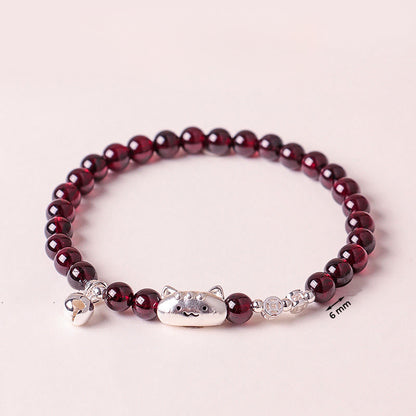 Buddha Stones 999 Sterling Silver Natural Cute Cat Head Garnet Protection Bead Bracelet