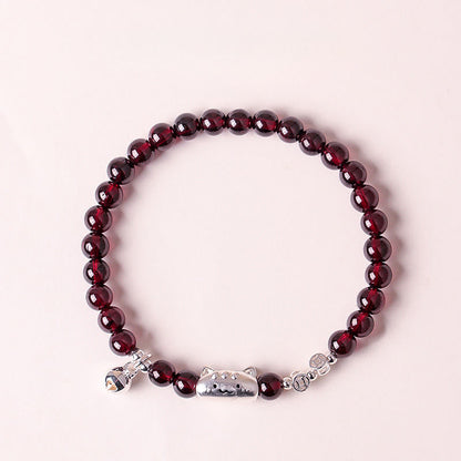 Buddha Stones 999 Sterling Silver Natural Cute Cat Head Garnet Protection Bead Bracelet