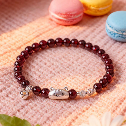 Buddha Stones 999 Sterling Silver Natural Cute Cat Head Garnet Protection Bead Bracelet