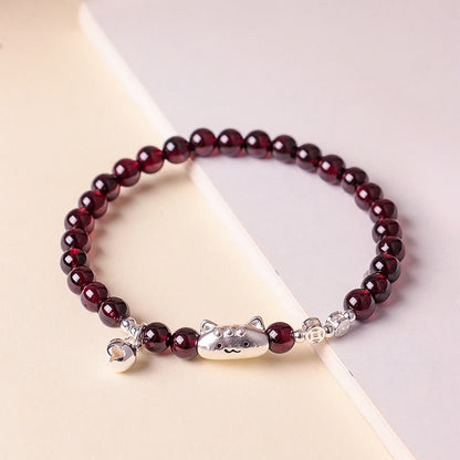 Buddha Stones 999 Sterling Silver Natural Cute Cat Head Garnet Protection Bead Bracelet