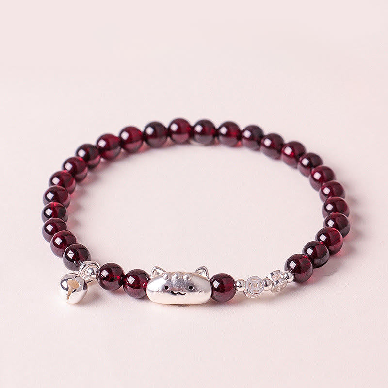 Buddha Stones 999 Sterling Silver Natural Cute Cat Head Garnet Protection Bead Bracelet