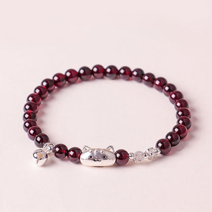 Buddha Stones 999 Sterling Silver Natural Cute Cat Head Garnet Protection Bead Bracelet