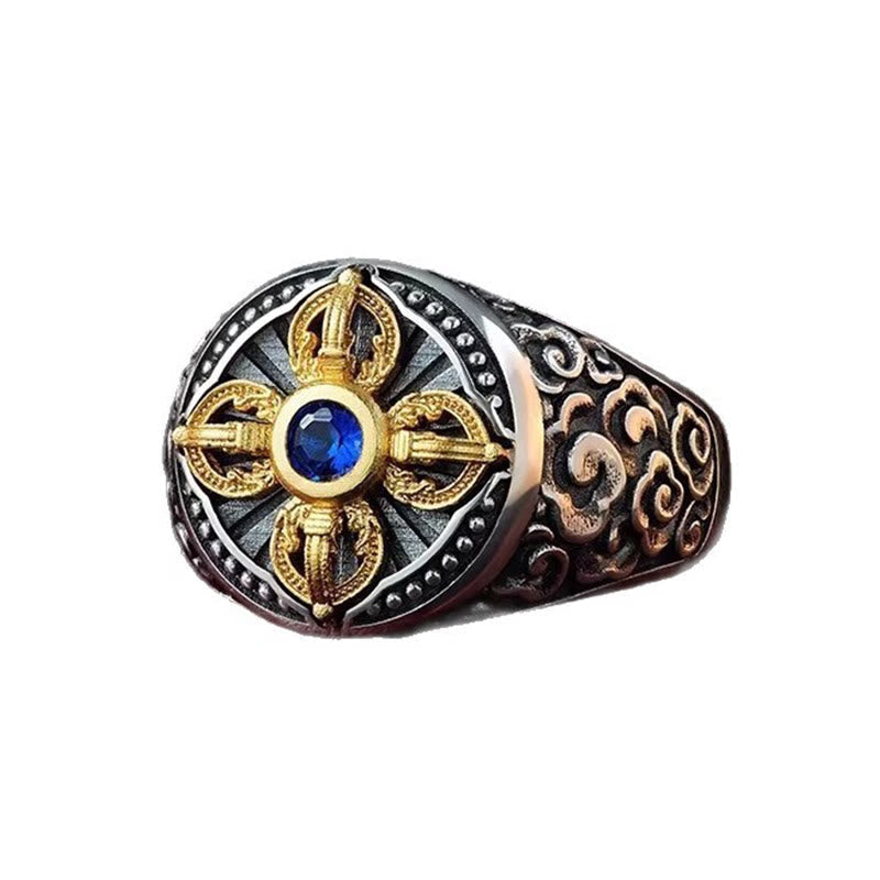 Buddha Stones Tibetan Cross Design Vajra Auspicious Clouds Pattern Copper Adjustable Balance Ring