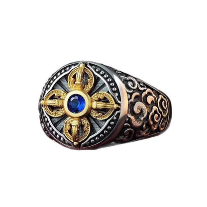 Buddha Stones Tibetan Cross Design Vajra Auspicious Clouds Pattern Copper Adjustable Balance Ring