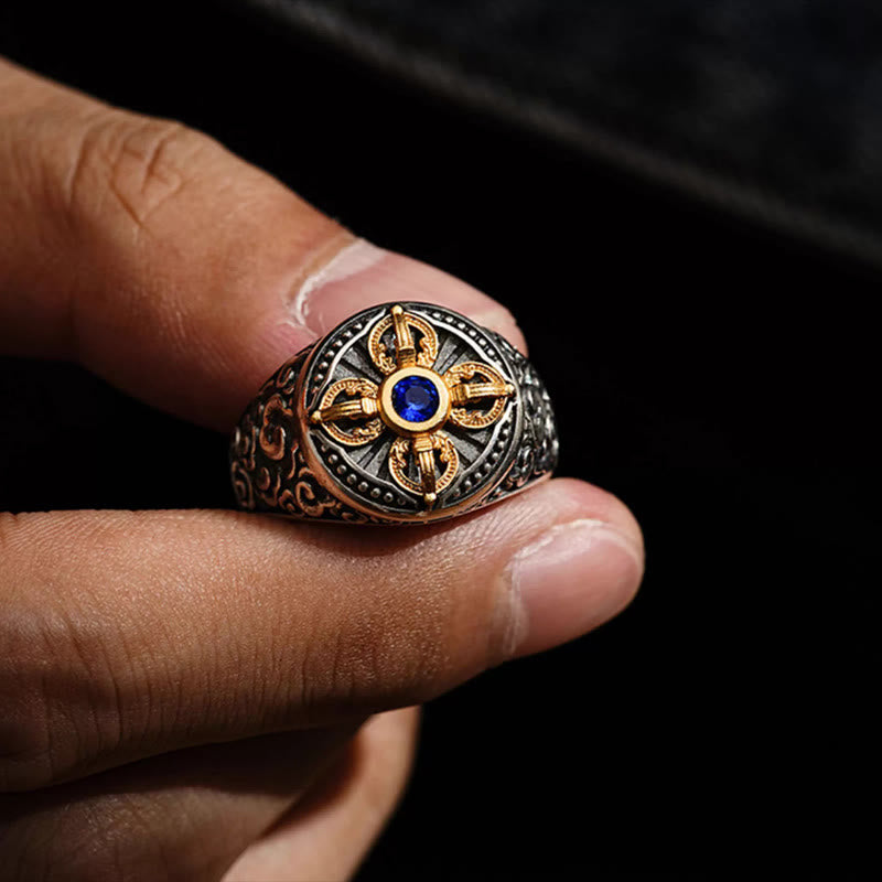 Buddha Stones Tibetan Cross Design Vajra Auspicious Clouds Pattern Copper Adjustable Balance Ring