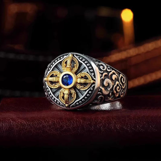 Buddha Stones Tibetan Cross Design Vajra Auspicious Clouds Pattern Copper Adjustable Balance Ring