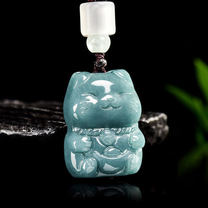 Buddha Stones Natural Attract Wealth Cat Jade Necklace Prosperity Pendant