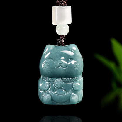 Buddha Stones Natural Attract Wealth Cat Jade Necklace Prosperity Pendant