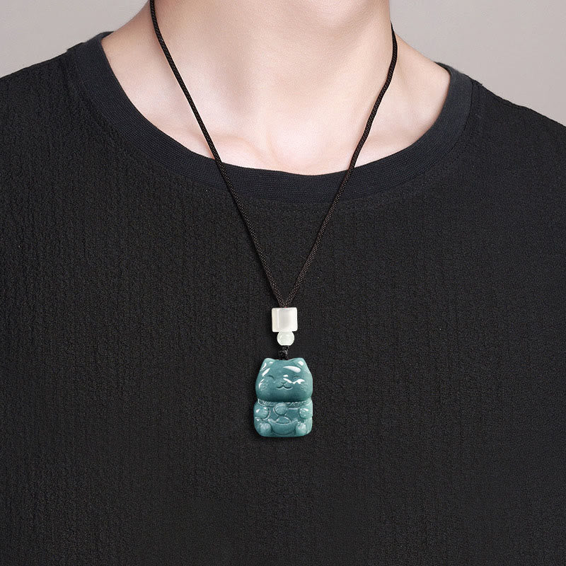 Buddha Stones Natural Attract Wealth Cat Jade Necklace Prosperity Pendant