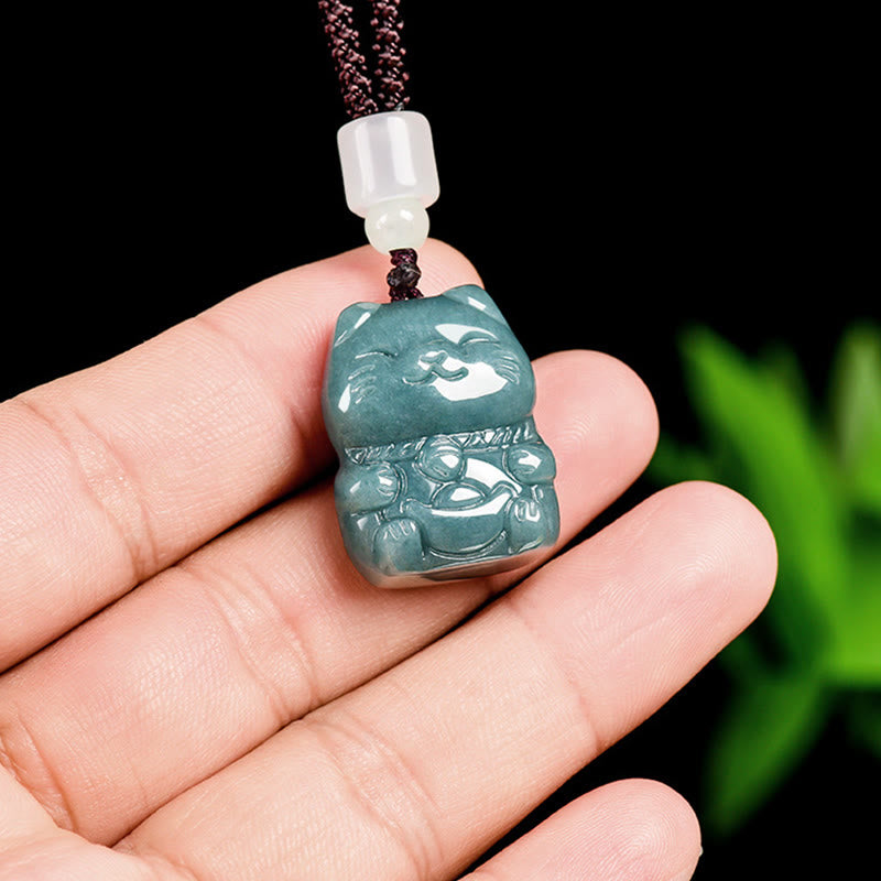 Buddha Stones Natural Attract Wealth Cat Jade Necklace Prosperity Pendant