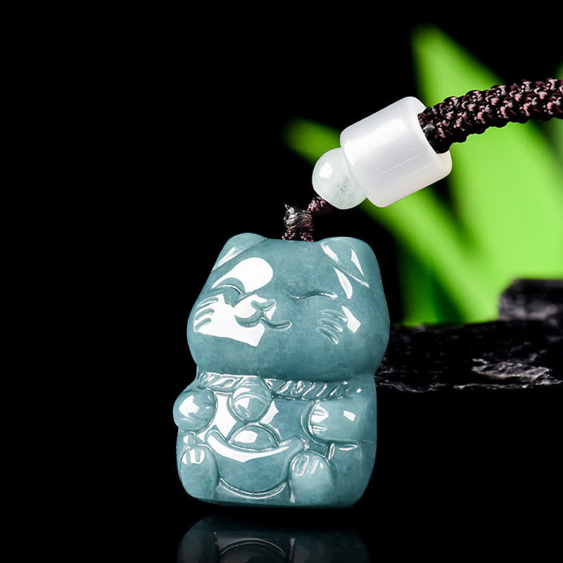Buddha Stones Natural Attract Wealth Cat Jade Necklace Prosperity Pendant