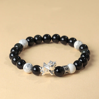 Buddha Stones 999 Sterling Silver Year of the Horse Natural Black Obsidian Bodhi Seed Strength Bracelet