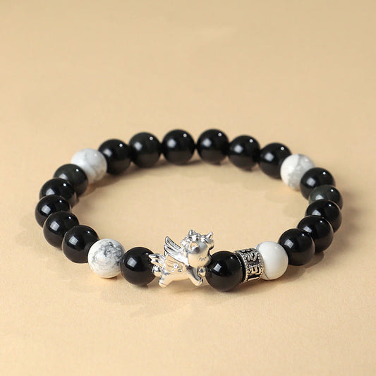 Buddha Stones 999 Sterling Silver Year of the Horse Natural Black Obsidian Bodhi Seed Strength Bracelet