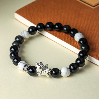 Buddha Stones 999 Sterling Silver Year of the Horse Natural Black Obsidian Bodhi Seed Strength Bracelet