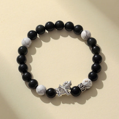 Buddha Stones 999 Sterling Silver Year of the Horse Natural Black Obsidian Bodhi Seed Strength Bracelet