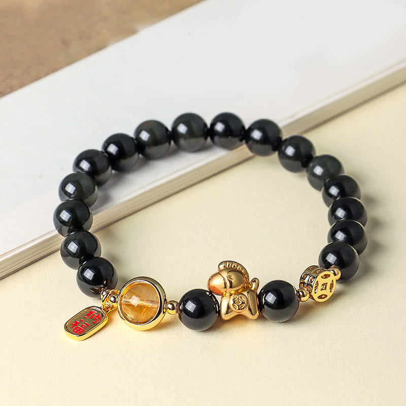 Buddha Stones Year of the Horse Natural 8mm Black Obsidian Red Agate Pink Crystal Strength Bracelet
