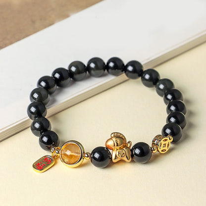 Buddha Stones Year of the Horse Natural 8mm Black Obsidian Red Agate Pink Crystal Strength Bracelet