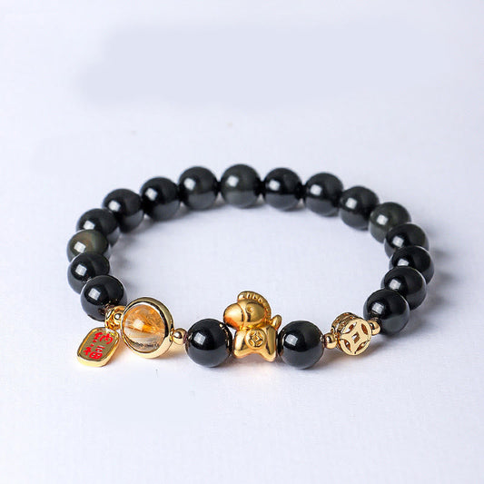 Buddha Stones Year of the Horse Natural 8mm Black Obsidian Red Agate Pink Crystal Strength Bracelet