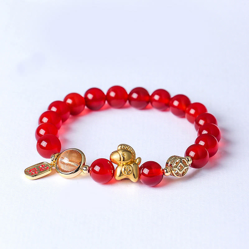 Buddha Stones Year of the Horse Natural 8mm Black Obsidian Red Agate Pink Crystal Strength Bracelet