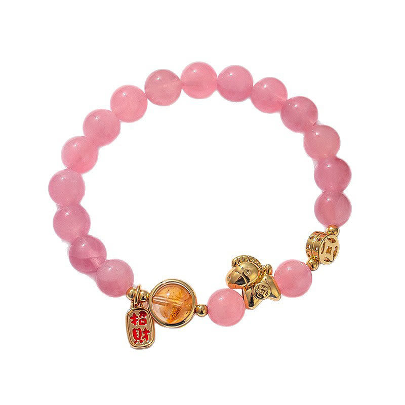 Buddha Stones Year of the Horse Natural 8mm Black Obsidian Red Agate Pink Crystal Strength Bracelet