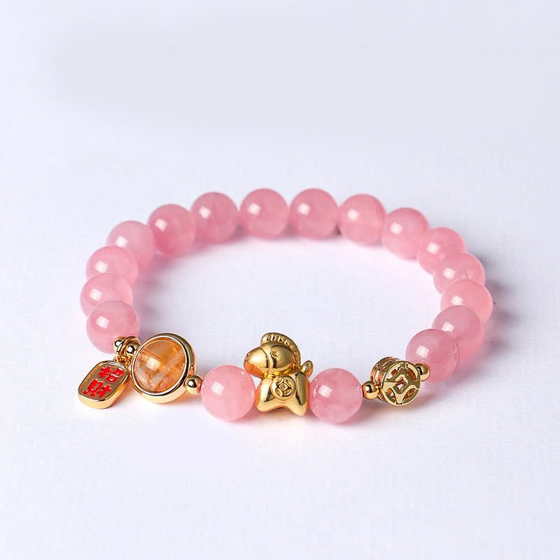 Buddha Stones Year of the Horse Natural 8mm Black Obsidian Red Agate Pink Crystal Strength Bracelet