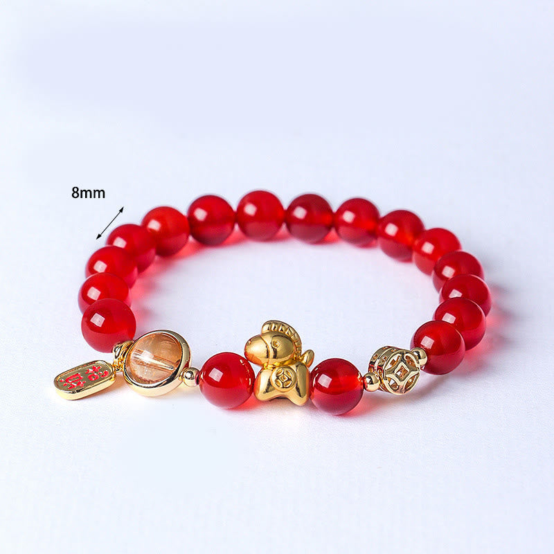 Buddha Stones Year of the Horse Natural 8mm Black Obsidian Red Agate Pink Crystal Strength Bracelet