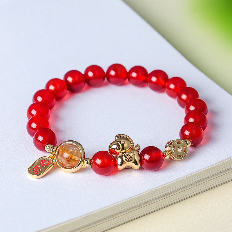 Buddha Stones Year of the Horse Natural 8mm Black Obsidian Red Agate Pink Crystal Strength Bracelet