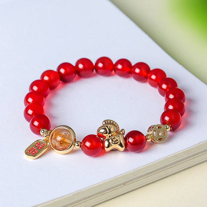 Buddha Stones Year of the Horse Natural 8mm Black Obsidian Red Agate Pink Crystal Strength Bracelet