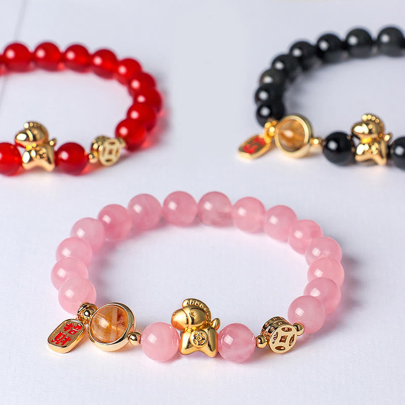 Buddha Stones Year of the Horse Natural 8mm Black Obsidian Red Agate Pink Crystal Strength Bracelet