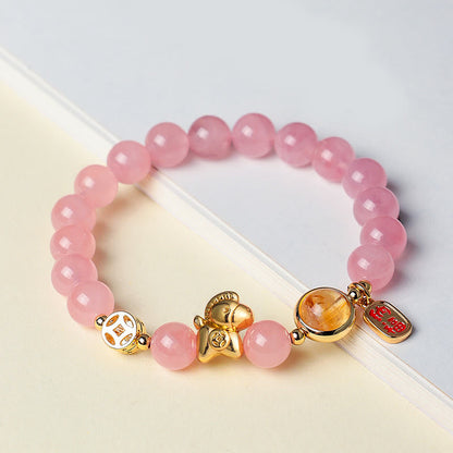Buddha Stones Year of the Horse Natural 8mm Black Obsidian Red Agate Pink Crystal Strength Bracelet
