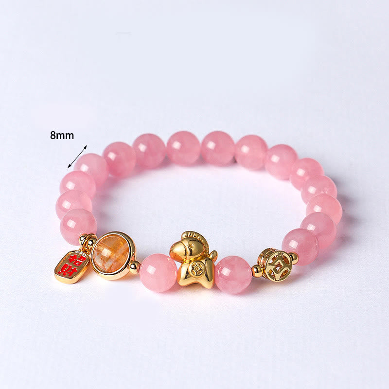 Buddha Stones Year of the Horse Natural 8mm Black Obsidian Red Agate Pink Crystal Strength Bracelet