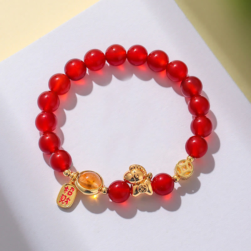 Buddha Stones Year of the Horse Natural 8mm Black Obsidian Red Agate Pink Crystal Strength Bracelet