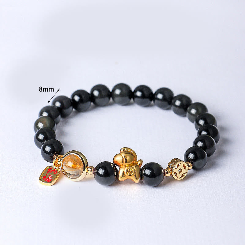Buddha Stones Year of the Horse Natural 8mm Black Obsidian Red Agate Pink Crystal Strength Bracelet