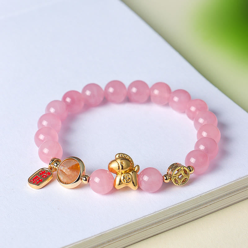 Buddha Stones Year of the Horse Natural 8mm Black Obsidian Red Agate Pink Crystal Strength Bracelet