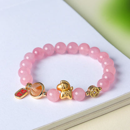 Buddha Stones Year of the Horse Natural 8mm Black Obsidian Red Agate Pink Crystal Strength Bracelet