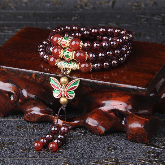 Buddha Stones Natural Garnet Red Agate Colorful Butterfly Purification Calm Multi-layer Bracelet