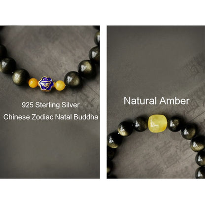 Buddha Stones 925 Sterling Silver Chinese Zodiac Natal Buddha Natural Gold Sheen Obsidian Amber Wealth Protection Bracelet