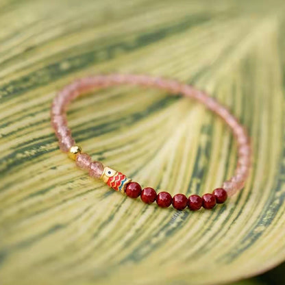 Buddha Stones Natural Strawberry Quartz Cinnabar Lucky Koi Fish Healing Bracelet