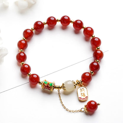 Buddha Stones Natural Red Agate Hetian Jade Fu Character Confidence Charm Bracelet (Extra 30% Off | USE CODE: FS30)