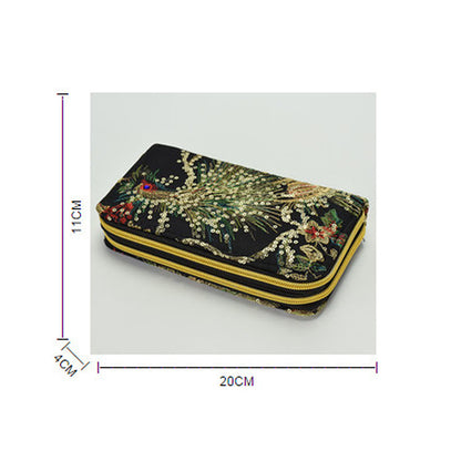 Buddha Stones Peacock Double-sided Embroidery Cash Holder Wallet Shopping Purse