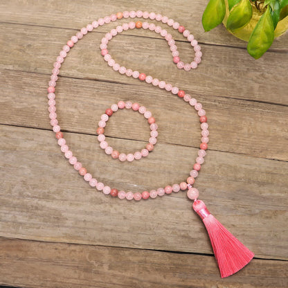 Buddha Stones 108 Mala Beads Pink Crystal Love Tassel Bracelet