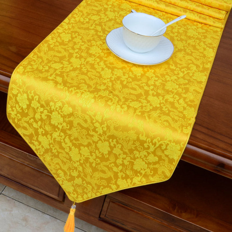 Buddha Stones Prayer Altar Flower Vajra Dragon Pattern Tibetan Auspicious Symbols Tassels Jacquard Table Runner